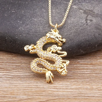 Nidin קמע תליון דרקון תכשיטים מיקרו לסלול זירקון שרשרות נשים לגברים צבע זהב שרשרת ארוכה קישוטים מזל סמל מתנות