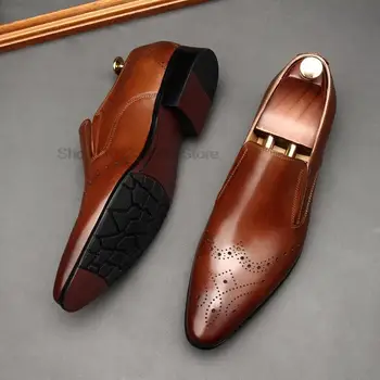 גברים של מותג יוקרה בטלן נעלי מחודד בוהן עור אמיתי להחליק על חום שחור נעלי גברים אופנה חתונה המשרד סיבתי נעליים