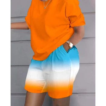 2023 קיץ נשים Ombre הדפס שרוול קצר מזדמן העליון & כיס עיצוב קצר להגדיר מזדמן 2 יצירה חדשה בחליפה סטים של תלבושות Streetwe