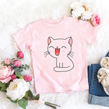איכות גבוהה ורוד חולצת טי עבור תינוקות בנות בגדי ילדים חתול חמוד הדפסה מצחיק חולצות קיץ 2021 לילדים חולצות מ 3 13Y