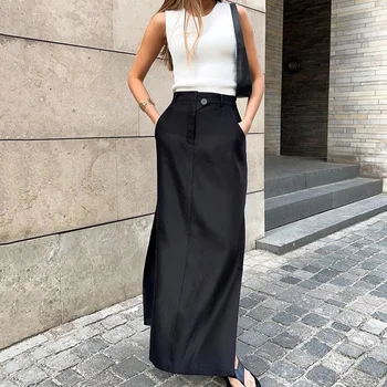 RDMQ 2023 נשים וינטאג אלסטי המותניים כפתורים חצאיות קיץ נשי מזדמן כותנה שחור פיצול חצאיות ארוכות