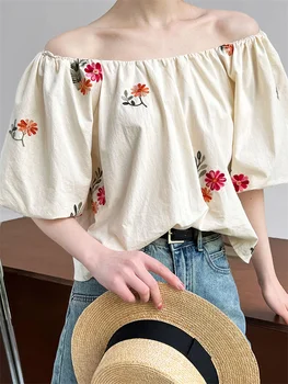 בציר פרח רקמה, כותנה, חולצה לנשים קו נטוי הצוואר חופשי בקיץ מקסימום בוהו סגנון חמוד בועה שרוול חולצות מזדמנים