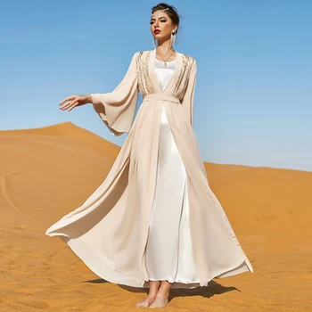 המוסלמית הזאת הקימונו הלבן Abaya שיפון בגדים חדשים תוך התאמת סט 2 חתיכה Khimar האסלאמית שמלות מקסי Kaftan הרמדאן השמלה