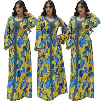 מרוקאי נשים מוסלמיות Abaya הנשים שמלה ארוכה מודפס Kaftan דובאי Jalabiya גלימה ההודי השמלה נשים