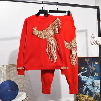 אופנה אדום חרוזים פאייטים פיניקס סרוגים אימוניות להגדיר נשים רופף לסרוג סוודר סוודר, מכנסיים ארוכים שני חלקים תלבושות נקבה