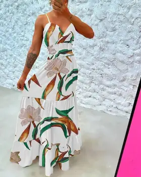נשים אופנה חדשה פרחוני הדפסה Shirred מקסי קפלים שמלה האירופי & האמריקאי חלוק הקיץ של נשים מקרית סקסי ללא משענת שמלות