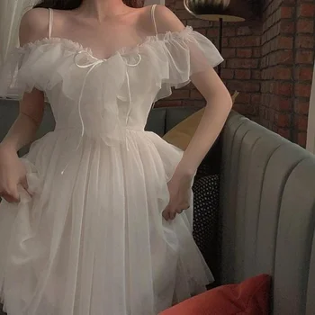 באביב פיות להתלבש רשת טלאי על טלאי תחרה, שיפון Kawaii שמלות קיץ 2023 חדש לנשים אלגנטי מסיבה מתוקה שמלה לבנה סקסית