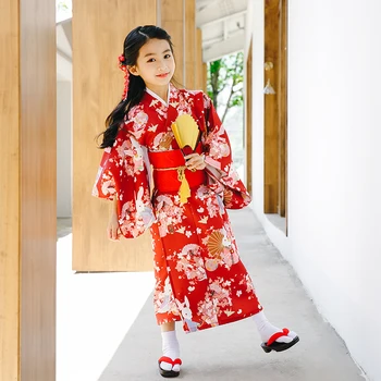 יפן סגנון של ילדים מסורתיים קימונו אדום כהה צבע ארנב חמוד טביעות בנות ביצוע שמלת ליל כל הקדושים תחפושות קוספליי