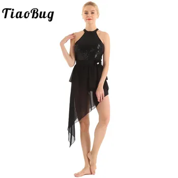 TiaoBug למבוגרים פאייטים הקולר סימטרי שיפון בגד גוף להתעמלות נשים בלט השמלה שלב עכשווי לירית ריקוד תלבושת