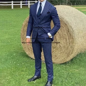 אופנה כחול-מתאים עבור Mens עסקית רשמית בלייזר החתונה החתן טוקסידו 3 חתיכה להגדיר יומי מעיל אפוד מכנסיים Terno Masculino