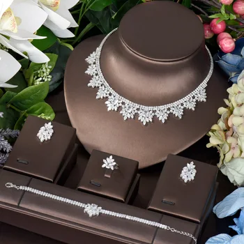HIBRIDE מבריק זרקונים החתונה הכלה שרשרת עגילי אופנה זהב לבן צבע תכשיטים מגדיר עבור נשים מתנות N-1524