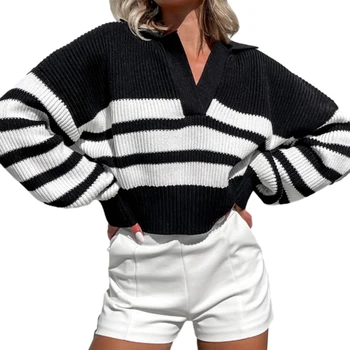 נשים אביב סתיו אופנה לסרוג סוודרים שרוול ארוך בגד פסים מקרית קט מקסימום Knitwears