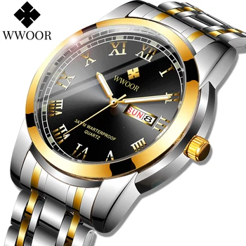WWOOR חדש מותג העליון שעון על גברים נירוסטה עסקים בשבוע תאריך קוורץ שעון עמיד למים שעון יוקרה Mens שעון יד ספורט
