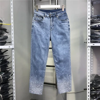 אור כחול נשים ישר ג 'ינס מכנסיים 2023 חדש באביב קיץ מתיחה גבוהה המותניים ג' ינס Blingbling חם תרגיל קרסול באורך המכנסיים.