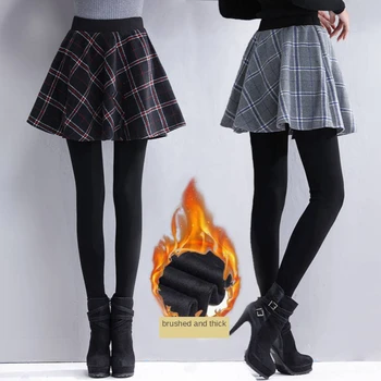 2021 אישה טארטן חצאית חורף מזויף שני חלקים חותלות ללבוש החיצוני לשים מכנסיים דקים גבוה מותן חצאית מכנסיים צמר עיבוי