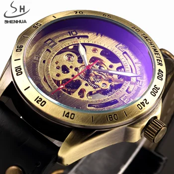 SHENHUA מותג יוקרה אוטומטי שעון שלד מכני שעוני גברים, שעון אנלוגי רצועת עור אופנה מזדמנים זכר שעון היד