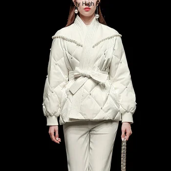 האופנה החורף חדש יוקרה בגדים מזג פנס עם שרוולים חרוזים לבנים קצר למטה ז ' קט נשים