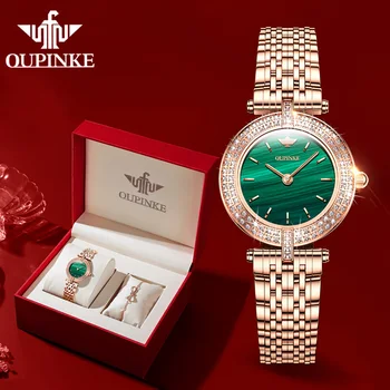 OUPINKE יוקרה שעונים חדשים עבור נשים ספיר קריסטל עמיד למים תכשיטים קוורץ שעון היד Fahion הבנות צמיד מתנה סט