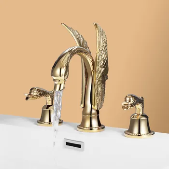 חדש כיור ברז נרחב יוקרה אמנות מגולף זהב ברבור פליז מיקסר ברז אמבטיה אגן מים בכיור מיקסר זהב פליז