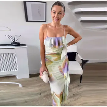 2023 נשים סקסי הדפסה קפלים מידי סלים שמלה אלגנטית ספגטי רצועת Ruched שרוולים שמלות אופנה מסיבת הקיץ של מועדון חריץ