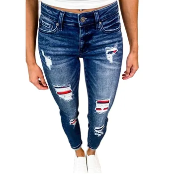 גבוהה המותניים נשים ג 'ינס מודפס תיקון קרע שטף ג' ינס מכנסיים סיבתי חור תואם באורך מלא הגברת רזה עיפרון מכנסיים