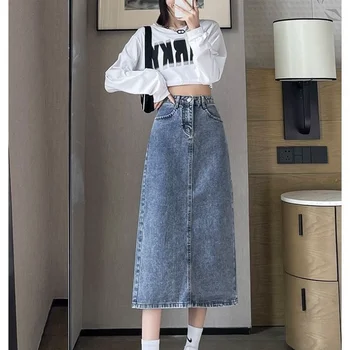 גבוהה המותניים, חותך את הקו נשים כותנה, ג ' ינס חצאית 2023 מזדמן אופנה קוריאנית אמצע שוק חצאיות ארוכות לנשים לראשונה חצאית נשית Q590