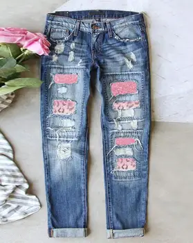 אופנה למתוח כחול ג 'ינס 2023 אביב ניגוד הדפסת ברדלס מזדמן קרע יומי גבוה המותניים ארוך ג' ינס Y2K וינטג ' אופנת רחוב