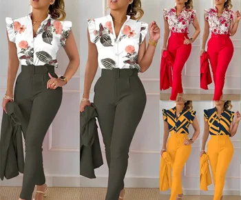 אופנה הקיץ הדפסה 2 חתיכת קבוצה של נשים מזדמנים כפתור טיסה חולצת שרוול חליפות מכנסיים נקבה V-צוואר עליון גבוה מכנסיים מותן Outifits
