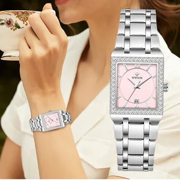 WWOOR ריינסטון שעון נשים חדשות אופנה יוקרתי פלדת אל-חלד שעון צמיד פשוט עמיד למים גבירותיי שעון Montre פאטאל