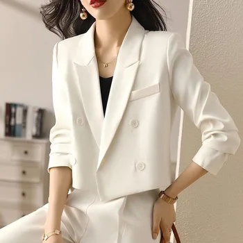 Lucyever שחור קצוץ בלייזר לנשים אופנה קוריאנית כפול עם חזה המשרד החליפה המעיל גבירותיי בציר ארוך שרוול הלבשה עליונה