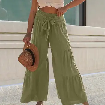 נשים מכנסיים אלסטיים במותניים קשת-קשר עם קפלים טלאים רחב הרגל להתלבש חופשי גבוהה המותניים בקיץ מכנסיים נקבה בגדים Pantalon