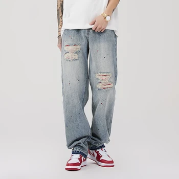 בסגנון אמריקאי, רחוב ישר-רגל מרוח דיו המכנסיים עשויים בן חורים מזדמנים ג ' ינס, מכנסיים ארוכים של גברים ברחוב