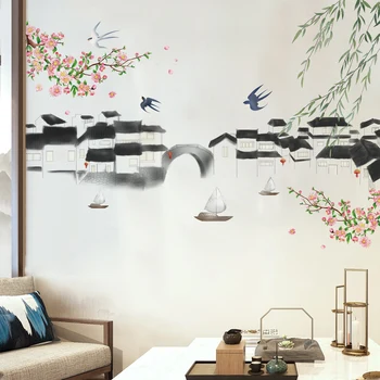 בסגנון סיני נוף נוף מדבקות קיר הסלון, חדר השינה הרקע לקישוט הבית אמנות ציור קיר מדבקות טפט
