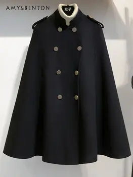 אלגנטי אופנה קייפ שחור צמר מעיל נשים של הסתיו והחורף בגדים חדשים בסגנון בריטי הרזיה טמפרמנט מעיל צמר