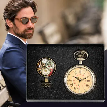 שעון כיס גברים יוקרה שרשרת זהב מתנה סט ללא כיסוי עיצוב רומיות חיוג Steampunk שעון כיס שעון Pedent