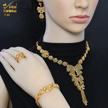 ANIID דובאי ציצית מצופה זהב הודי תכשיטים מגדיר עבור נשים חתונה הודי כלה שרשרת, עגילים 4Pcs להגדיר את מסיבת המתנות
