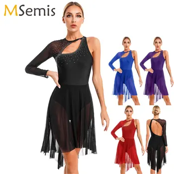 נשים כתף אחת שרוול ארוך לירית שמלת ריקוד טהורה רשת אחוי טוטו החלקה בגד גוף, שמלות בלרינה Dancewear