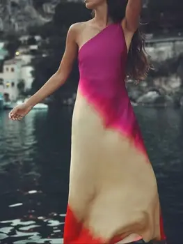 הקיץ של נשים מודפס סימטרית הקולר להטות כתף סקסי ללא משענת חזק עניבה-צבע השמלה האירופי, בסגנון אמריקאי