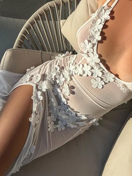 Tossy פרחוני רשת רואה דרך שמלת מקסי נשים רזה גבוהה לפצל את מסיבת הקיץ שמלה ללא משענת שמלת V-צוואר סקסי נשי שמלת הקולר