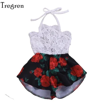 Tregren לפעוטות תינוקת Rompers הקיץ ללא שרוולים תחרת פרח הדפסה רצועה קצרה סרבל תלבושת בגדי 0-3Yrs