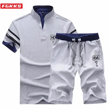 FGKKS 2021 קיץ חדשה אימונית קבוצות גברים מוצק צבע חולצות פולו + כושר ספורט מכנסי החליפה גברים מזדמנים ספורט להגדיר זכר