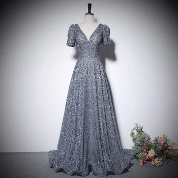 חדש שמלת ערב פשוטה פאייטים שרוולים קצרים V-צוואר מחשוף גב אורך רצפת תחרה קו A-בתוספת נשים גודל שמלות ערב B2449