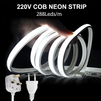 220V COB LED רצועת אור ניאון 288LEDs/m RA90 עמיד למים חיצוני מנורת LED גמיש קלטת עם האיחוד האירופי/בריטניה תקע עבור המטבח תאורה ביתית
