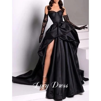 לוסי שחור גבוה צד פיצול בתולת ים סאטן שמלות לנשף V-צוואר בלי שרוולים חריץ Ruched שמלת ערב מסיבת חתונה שמלת 2023