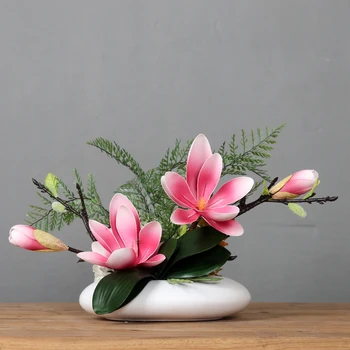 מודרני אגרטל קרמיקה+פרחים מלאכותיים מגנוליה פרחוני סט שולחן קפה מזויף עציץ עיצוב הבית-סלון ריהוט מלאכת יד