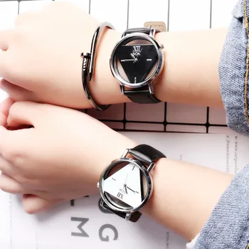 אופנה חלול משולש נשים קוורץ שעונים פשוטים חידוש אינדיבידואליזם יצירתי שעון יד שחור עור לבן הזוג השעון