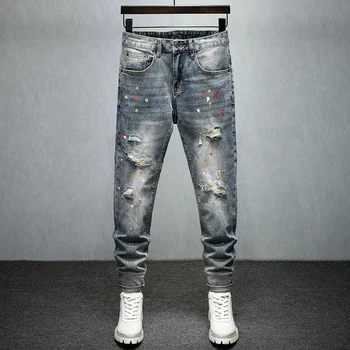 רחוב אופנה גברים ג 'ינס רטרו כחול שטף אלסטי Slim Fit חור, קרע בג' ינס גברים צבועים מעצב היפ הופ מכנסי ג ' ינס גבר