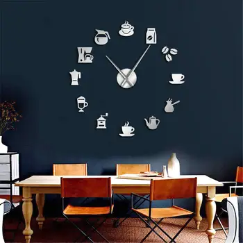 קפה סימנים 3D DIY גודל מתכוונן שעון קיר בעיצוב מודרני מטבח שעון קוורץ מראת אקריליק מדבקה פולי קפה שעון