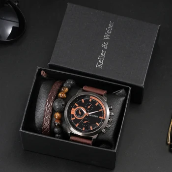 2023 אופנה גברים שעון צמיד 3Pcs להגדיר עור קוורץ אנלוגי שעונים עסקים שעון יד ארוג צמידים חליפה מתנה לבעל