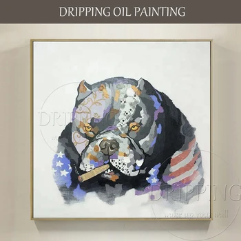 מצוירים ביד בעלי חיים מצחיק הכלב בריון ציור אקריליק על בד אמריקאי חיה הכלב בריון ציור אקריליק ממוסגרים כלב צביעה